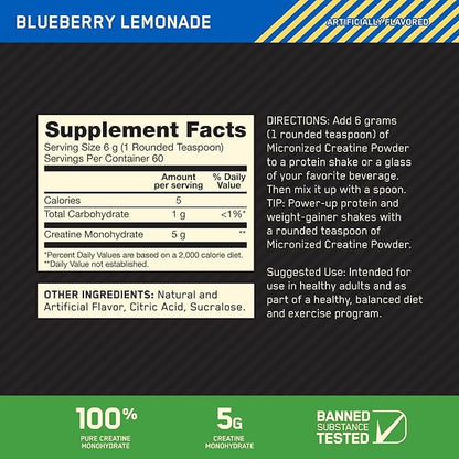 Optimum Nutrition Creatine Monohydrate Powder - Blueberry Lemonade Creatine, 60 Servings