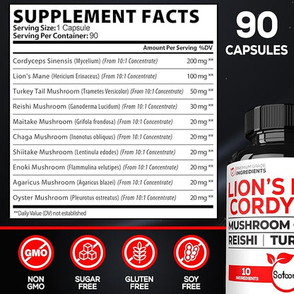 Satoomi 10in1 Cordyceps Mushroom Supplement 90 Capsules 90 Serving