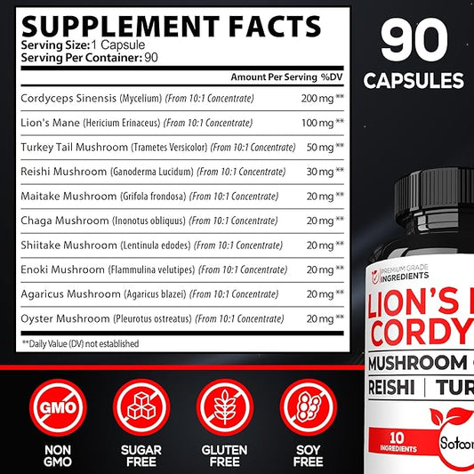 Satoomi 10in1 Cordyceps Mushroom Supplement 90 Capsules 90 Serving