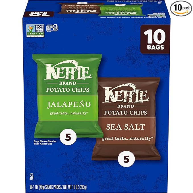 Kettle Brand Potato Chips, Variety Pack of Sea Salt and Jalapeño, 1 Oz, 10 Ct