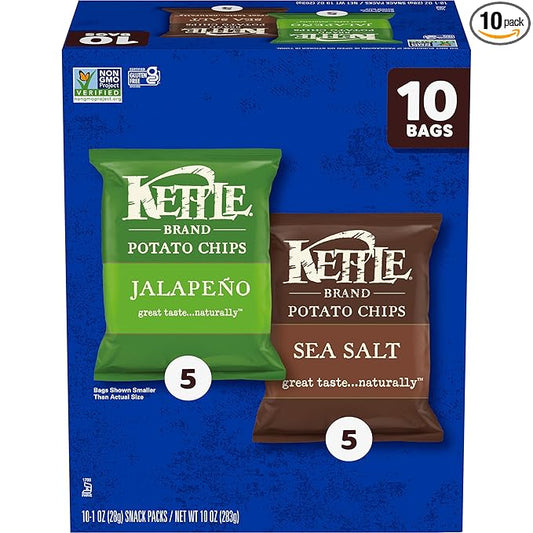 Kettle Brand Potato Chips, Variety Pack of Sea Salt and Jalapeño, 1 Oz, 10 Ct