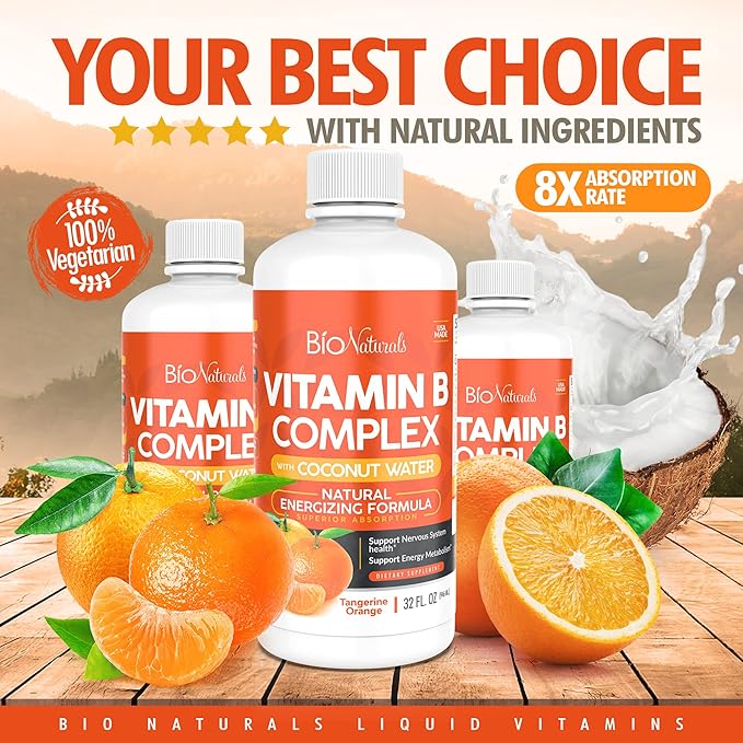 Bio Naturals Vitamin B Complex Liquid Supplement - 100% Natural Energy Boost with Vitamins B1 B2 B3 B5 B6 B12 & Organic Coconut Water for Stress, Mental Focus & Healthy Immune System - 32 fl oz