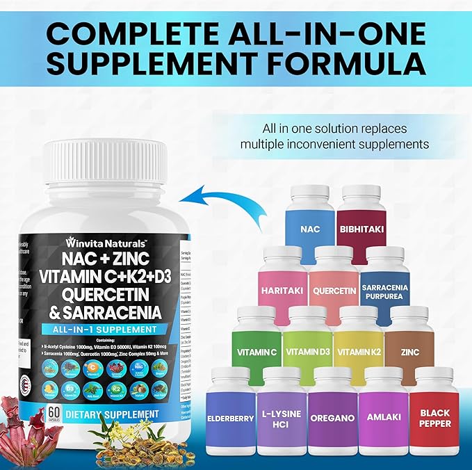 NAC Supplement N-Acetyl Cysteine 1000mg Vitamin D3 K2, K2, Zinc, 1000mg Quercetin 1000mg with
