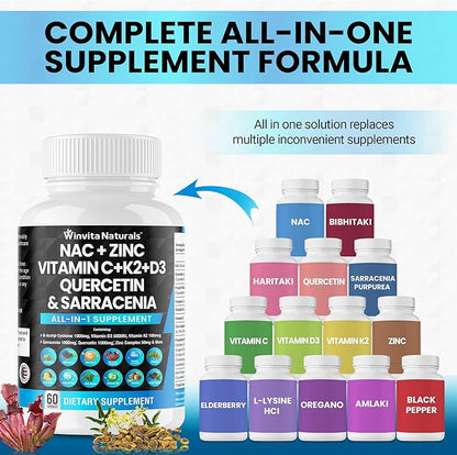 NAC Supplement N-Acetyl Cysteine 1000mg Vitamin D3 K2, K2, Zinc, 1000mg Quercetin 1000mg with