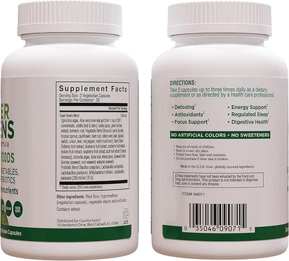 COUNTRY FARMS Super Greens Vegicaps, 32 Super Foods, Whole Food Supplement, Greens, Fruit, Vegetables, Mushrooms & Probiotics, Rich in Antioxidants & Phytonutrients, 120 Count, 60 Servings