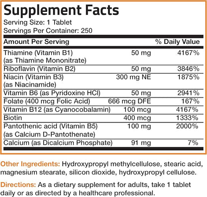 Bronson Super B Vitamin B Complex B1, B2, B2, B3, B3, B6, B6, B9 B9 - B12) Contains 250 Tablets