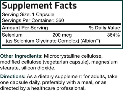 Bronson Selenium 200 mcg – Yeast Free Chelated Amino Acid Complex - Essential Trace Mineral with Superior Absorption, 360 Vegetarian Capsules
