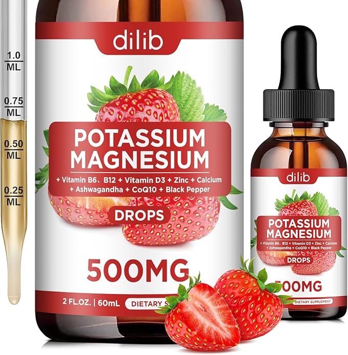 Potassium Magnesium Citrate Supplement, Liquid Magnesium 500mg with D3, B6, B6, B12, B12, CoQ10 CoQ10 - 2 fl