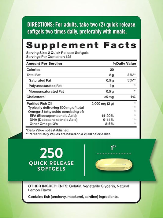 Nature's Truth Burpless Fish Oil Pills 2000 mg 600 mg 3 | 250 Softgels