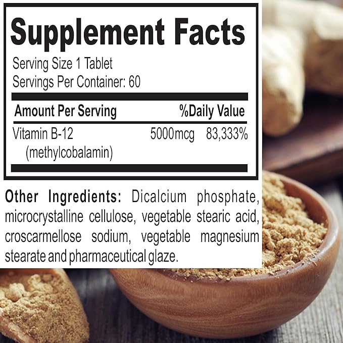 Nature's Potent Vitamin B-12, 5000mcg, Non-GMO B12) - (60 Tablets)
