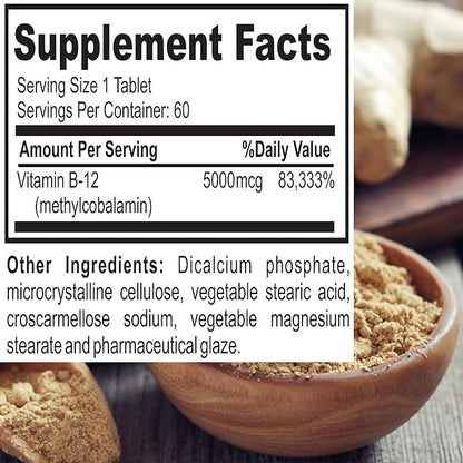 Nature's Potent Vitamin B-12, 5000mcg, Non-GMO B12) - (60 Tablets)