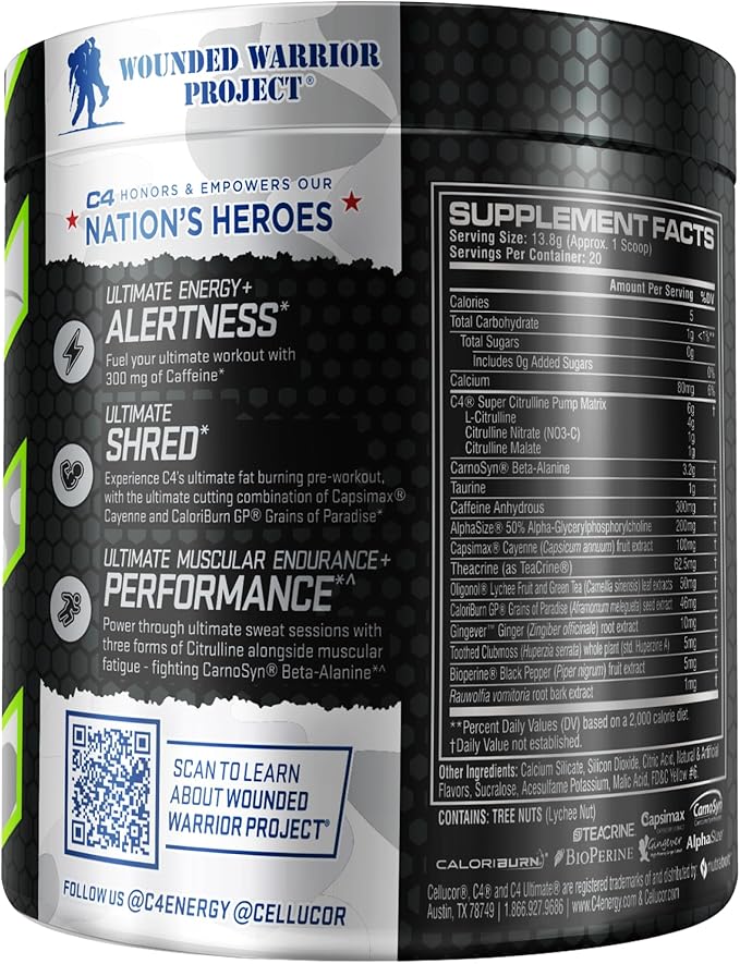 Cellucor C4 Ultimate Shred x Wounded Warrior Project Pre Workout Powder, Fat Burner for Men & Women, Weight Loss Supplement with Ginger Root Extract, Mango Foxtrot, 20 Servings (Pack of 1)