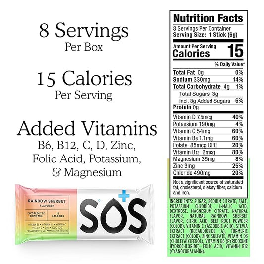SOS Hydration Electrolyte Powder Packets, 8 Stick Packets (Rainbow Sherbert)