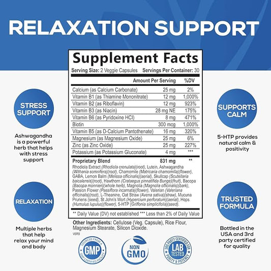 Stress Support Supplements for Mood & 5-HTP, L-Theanine 60 Capsules