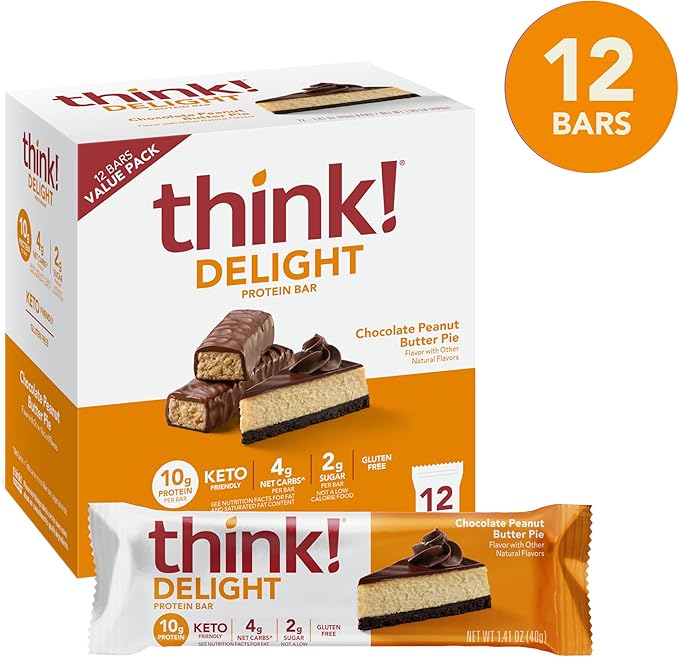 think! Delight Protein Bars, Gluten Free Snack - Chocolate Peanut Butter Pie, 12 Count (Packaging May Vary)