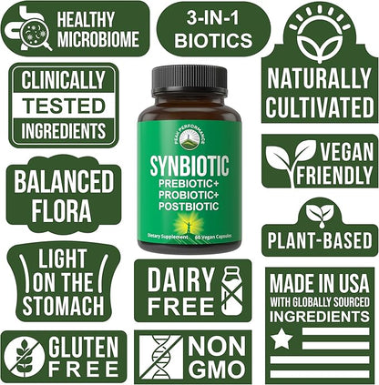 Synbiotic = Prebiotic + Probiotic + Postbiotic 3-in-1 Supplement with Clinically Tested Ingredients. Pre And Probiotics Plus Important Tributyrin Postbiotics For Gut. Vegan Capsules For Women + Men