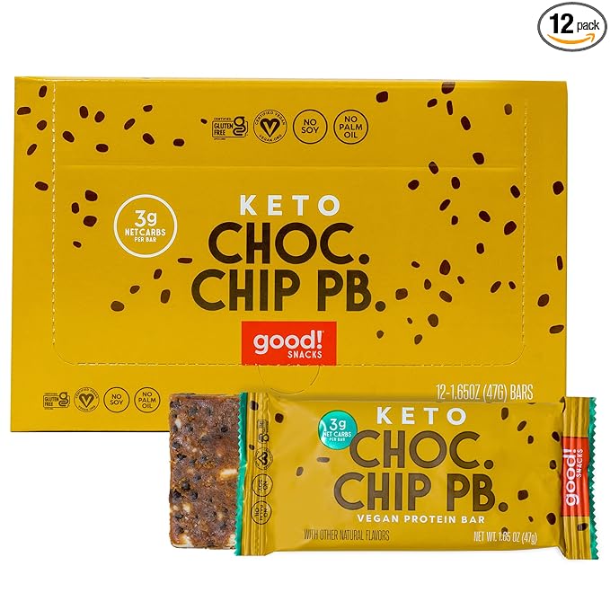 good! Snacks Keto Vegan Protein Bars, Chocolate Chip Peanut Butter, Gluten Free Keto Snack Bar, Low Carb, Low Sugar Meal Replacement, High Protein Healthy Snacks, 11g Protein, 3g Net Carbs, 12 Bars