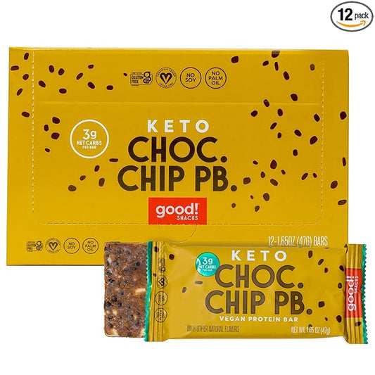 good! Snacks Keto Vegan Protein Bars, Chocolate Chip Peanut Butter, Gluten Free Keto Snack Bar, Low Carb, Low Sugar Meal Replacement, High Protein Healthy Snacks, 11g Protein, 3g Net Carbs, 12 Bars