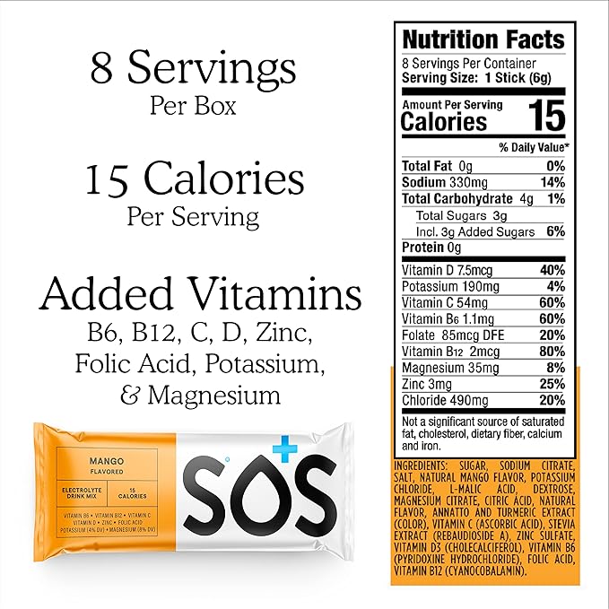 SOS Hydration Electrolyte Powder Packets, Mango Flavor, 8 Stick Packs – Low-Calorie, Rapid Rehydration, Made in USA, Keto & Vegan Friendly