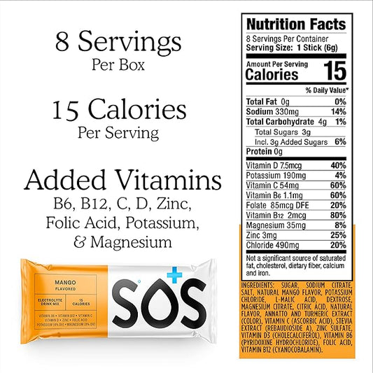 SOS Hydration Electrolyte Powder Packets, Mango Flavor, 8 Stick Packs – Low-Calorie, Rapid Rehydration, Made in USA, Keto & Vegan Friendly