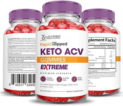Justified Laboratories (5 Pack Rapid Ripped Keto ACV Gummies Extreme 2000MG Rapidripped Keto Gummies Apple Cider Vinegar Formulated with Pomegranate Beet Juice Powder B12 Vegan Non GMO 300 Gummys