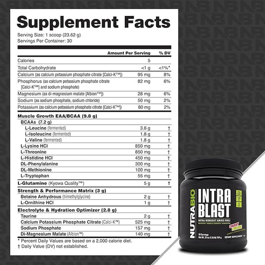 NutraBio Intra Blast BCAA EAA Electrolyte and Hydration Powder - Amino Acid Supplement, EAA/BCAA Powder - Non-GMO and Gluten Free - Cherry Limeade - 30 Servings
