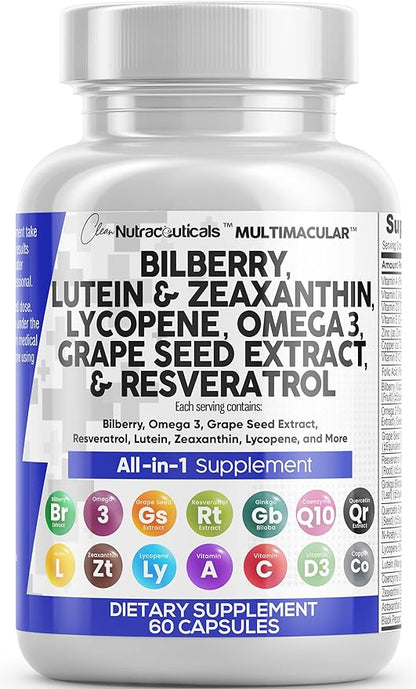Eye Health Vitamins with Bilberry 6000mg 40mg Lycopene 40mg Resveratrol 3000mg Grape 6000mg Omega 3 4000mg 4000mg Astaxanthin 60 Capsules