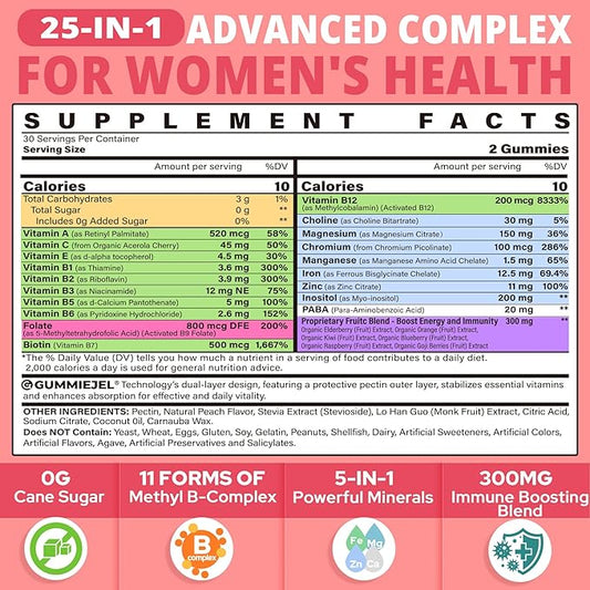Vitamin B Complex Gummies for Women Sugar Free, Super Methylated B Complex w/ Methyl B12, L-methylfolate, Iron, Vitamin C, Inositol, Magnesium, Choline, Biotin, B2 B3 B5 B6, Orgainc Fruit Blend, 60Cts