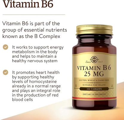 Solgar Vitamin B6 25 mg, 100 Tablets 100 Servings