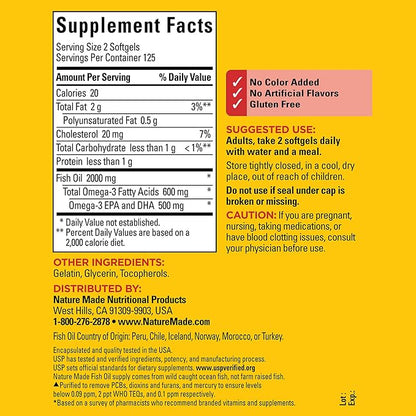 Nature Made Fish Oil 1000 mg 3 Fish 3 Supplement 250 Softgels, 125 Day