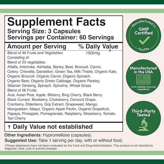 Fruits and Veggies Supplement (Daily Blend 49 Different 23 Veggies 29 Fruits) 1,500mg Servings, 180 Capsules