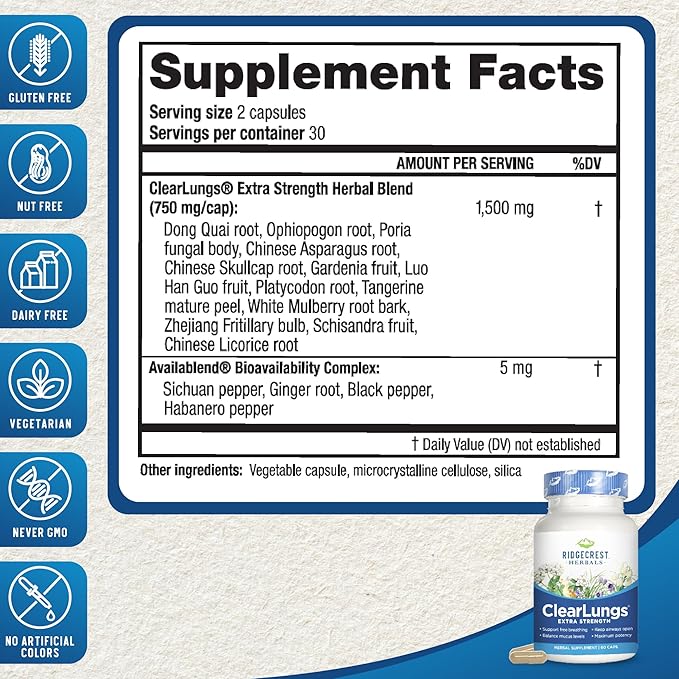 RidgeCrest Herbals ClearLungs Extra Strength, Natural (60 Caps, 30 Serv)