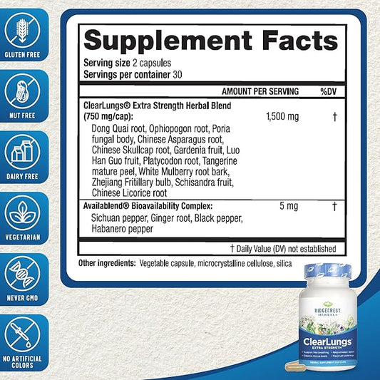 RidgeCrest Herbals ClearLungs Extra Strength, Natural (60 Caps, 30 Serv)