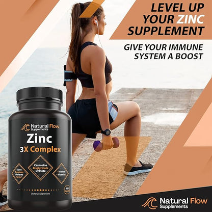 Zinc Supplement Complex with Copper and Vitamin C - Natural Flow 3X Zinc Carnosine, Bisglycinate Chelate, and Orotate, Chelated Zinc Copper, Easy on The Stomach, Skin and Immune Support, 120 Capsules