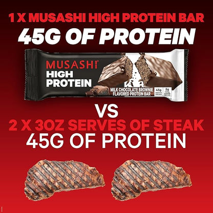 MUSASHI High Protein Bar, 45g Protein, 2g Total Sugars, Milk Chocolate Brownie, Post Workout and Protein Snack On The Go, 12 Pack of 3.2oz (90g) Bars