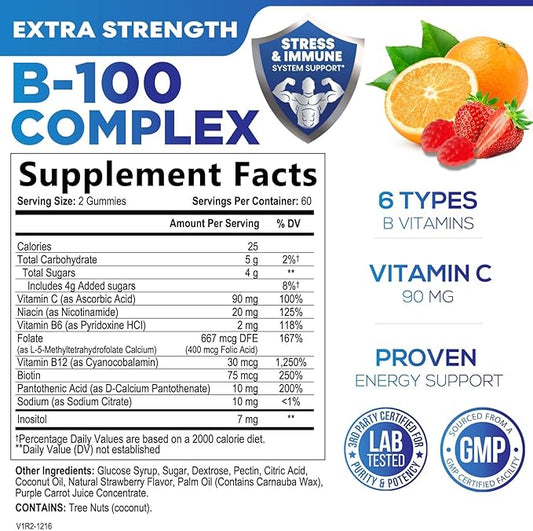Super B Complex Gummies with Vitamin B6, Folic B12, Biotin, 120 Gummies