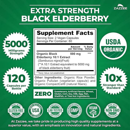 Zazzee USDA Organic Black Elderberry 10:1 Extract, 5000 mg Strength, 120 Vegan Capsules, 2 Month Supply, Standardized, Concentrated 10X Extract, 100% Vegetarian, All-Natural, Non-GMO, Made in The USA