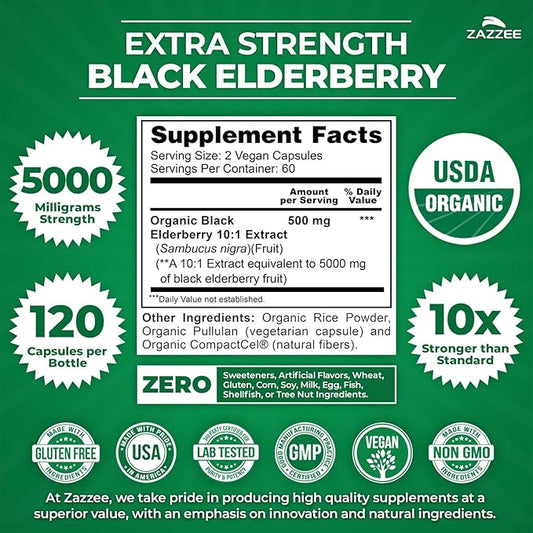 Zazzee USDA Organic Black Elderberry 10:1 Extract, 5000 mg Strength, 120 Vegan Capsules, 2 Month Supply, Standardized, Concentrated 10X Extract, 100% Vegetarian, All-Natural, Non-GMO, Made in The USA