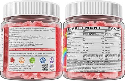 Vitamin D3 K2 + Calcium Liquid-filled Gummies for Kids & Teens, 1000IU/2000IU D3 with Magnesium, Algal Omega 3, Vitamin for Kids for Bones & Teeth, Calcium Absorption, Brain, Immunity,Sugar-Free,60Cts