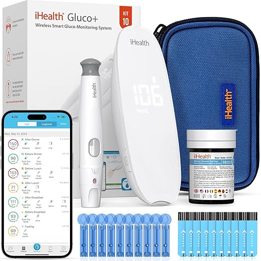 iHealth Gluco+ Wireless Smart Blood Glucose 10 Glucometer 10 Lancets, 1 Blood 1 Lancing