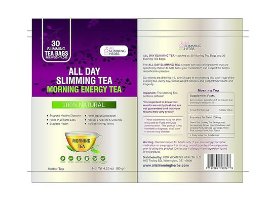 ALL SLIMMING HERBS All Day Slimming Tea For Weight Loss - All Natural 30 Days Detox Teas That Flattens Tummy - Daytime Energy Boost Tea 30 Bags + Evening Detox Tea 30 Bags