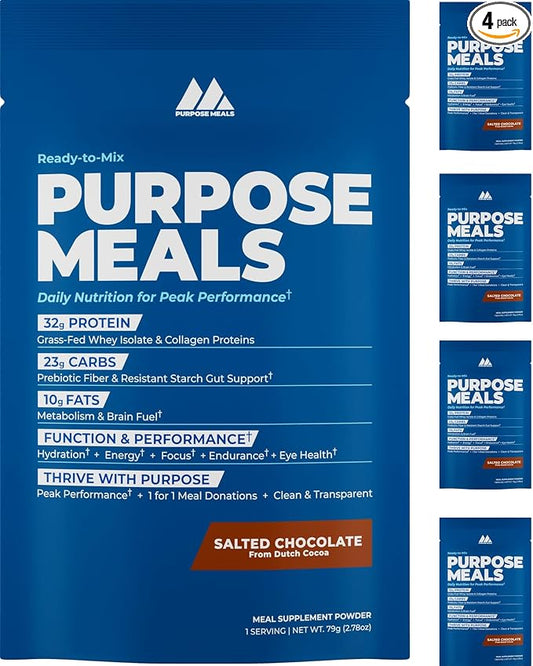 Meal Replacement Shake Powder, Grass Fed Whey Protein Isolate & Collagen, Prebiotics Gut Health, Electrolytes, Organic Mushrooms, Breakfast, Lunch, Post-Workout (4 Meal Travel Packs, Salted Chocolate)