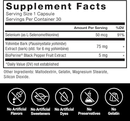 Force Factor Yohimbine Supplement for Men, Yohimbe Bark Extract with Superior Absorption to Enhance Performance, 6mg Yohimbine Bark Pills with Key Natural Ingredients, Works Fast, 30 Capsules
