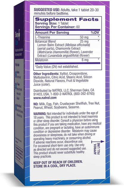 Natrol Sleep + Calm Melatonin 6mg 50mg and 60 Raspberry-Flavored 60 Day