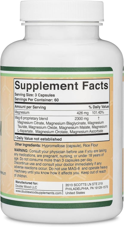Magnesium Complex Supplement 180 Capsules (436mg Elemental Magnesium Provided by 2,300mg of Eight Different Forms of Magnesium) MAG-8 Provides 100% Daily Recommended Value of Magnesium by Double Wood
