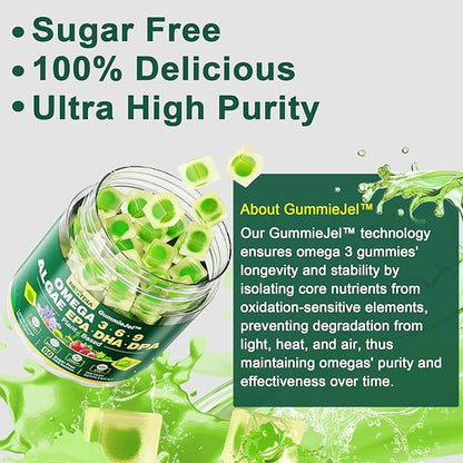 Vegan Omega 3 Gummies, Sugar Free 3 Fish 3-6-9 Fatty Omega-3 Gummies 60 Counts