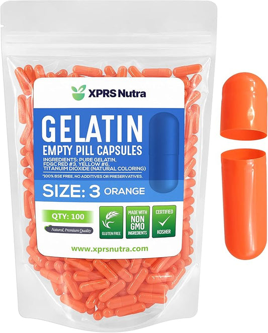 XPRS Nutra Size 3 Empty Capsules - 100 Count Empty Gelatin Capsules - Empty Pill Capsules - DIY Capsule Filling - Pure Bovine Pill Capsules Empty Gel Caps (Orange)