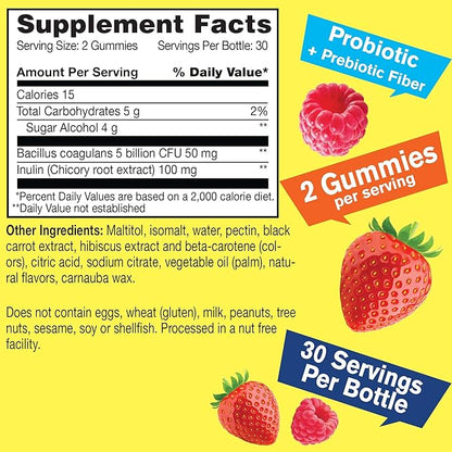 Sugar Free Probiotic with Prebiotic Gummies (5 Billion CFU) - Digestive Support, Gut Health, and Vaginal Support - Shelf Stable Probiotic Gummy, Prebiotics and Probiotics for Women and Men - 60 Count