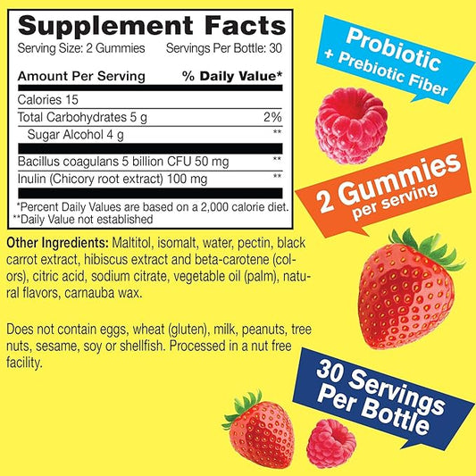 Sugar Free Probiotic with Prebiotic Gummies (5 Billion CFU) - Digestive Support, Gut Health, and Vaginal Support - Shelf Stable Probiotic Gummy, Prebiotics and Probiotics for Women and Men - 60 Count