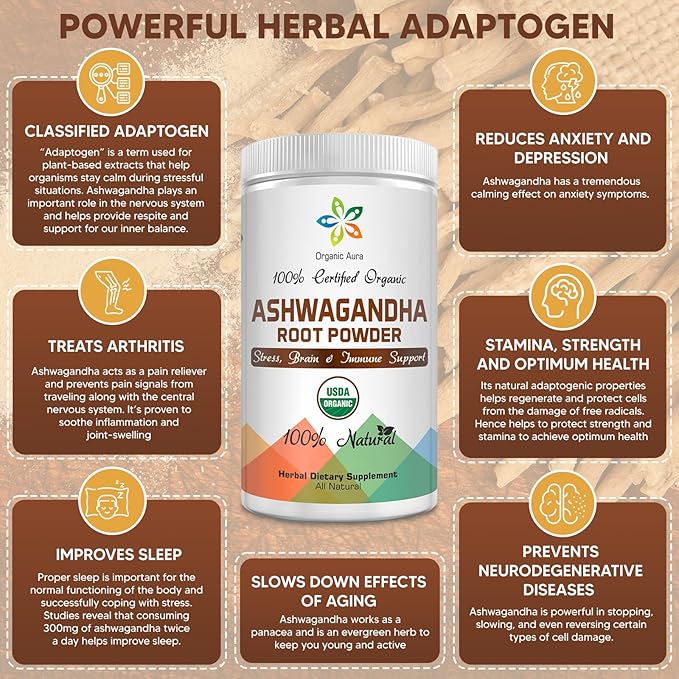 Certified Organic Ashwagandha Root Powder 8Oz -1/2Lb. Enhances 100% Pure